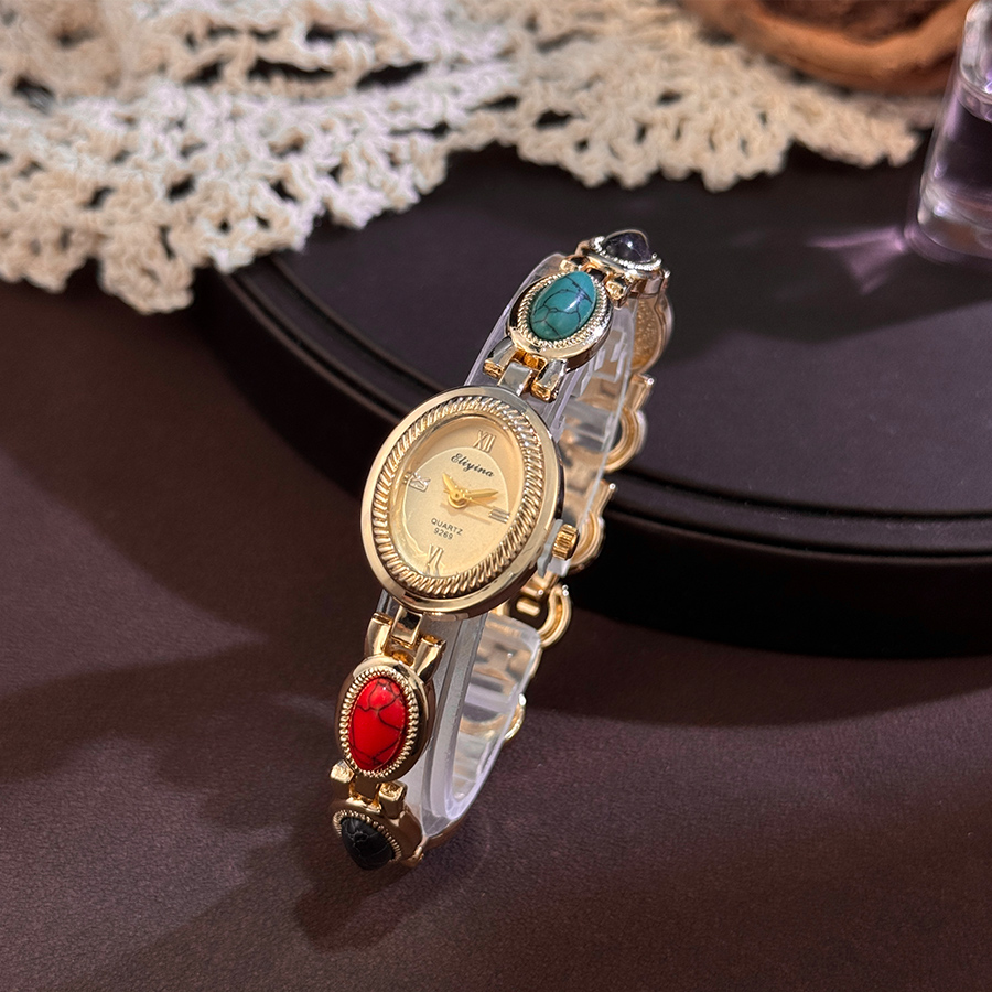 Luxury Watch Case - Renkli Taşlı Kadın Kuvars Saati Lityum